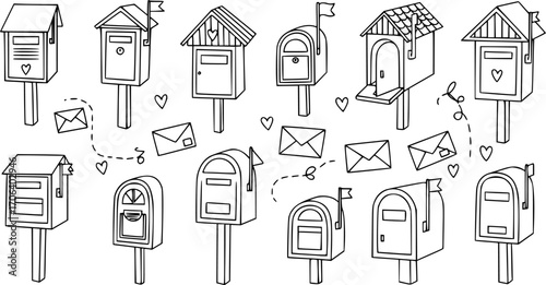 Letterbox Doodle Vector Set – Hand-Drawn Mailbox, Letters, and Postal Elements, Isolated Icons for Illustration and Design