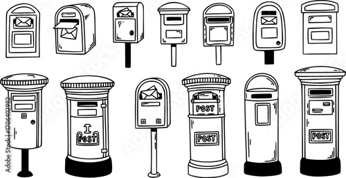 Letterbox Doodle Vector Set – Hand-Drawn Mailbox, Letters, and Postal Elements, Isolated Icons for Illustration and Design
