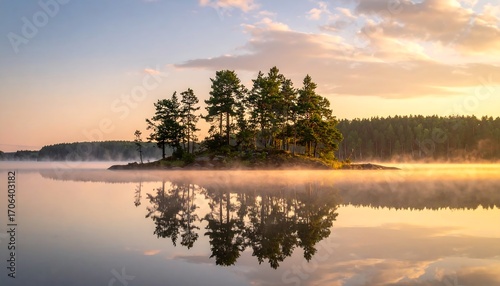 Fototapeta Naklejka Na Ścianę i Meble -  Misty sunrise over a tranquil lake with a small island