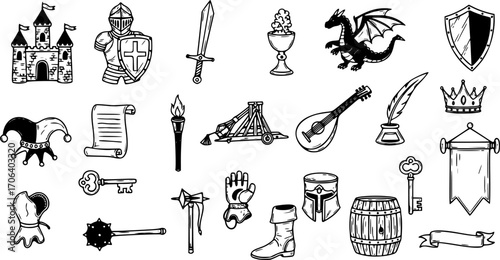 Medieval Doodle Vector Set – Hand-Drawn Isolated Objects, Shields, Swords, Helmets, Crowns, and Heraldic Elements for Historical and Fantasy Design Projects
