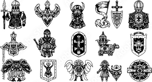 Medieval Doodle Vector Set – Hand-Drawn Isolated Objects, Shields, Swords, Helmets, Crowns, and Heraldic Elements for Historical and Fantasy Design Projects