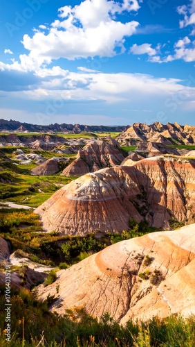 Colorful badlands landscape under a vibrant sky