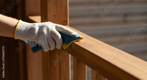 Worker sanding and painting rustic wooden balcony railings