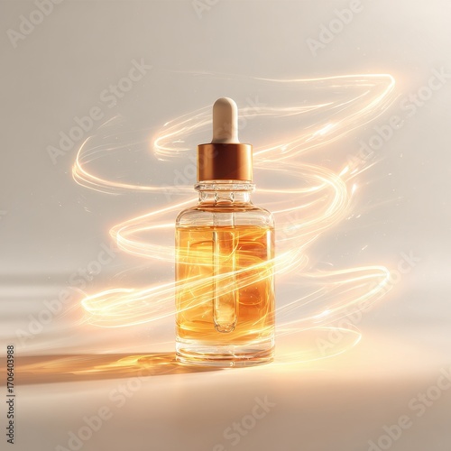 Golden Skincare Serum in a Glass Dropper Bottle Wrapped in Swirling Luminous Light.