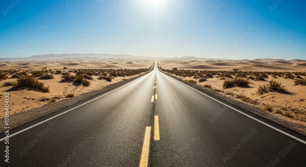 Naklejka premium Empty Adventure desert road explore vibe, open road in the desert