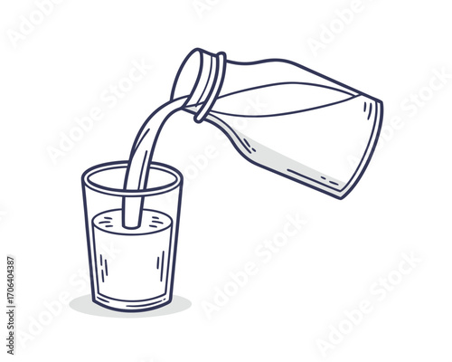 Doodle style illustration of pouring a glass of water from a pitcher representing hydration and refreshment with clean lines and simple design
