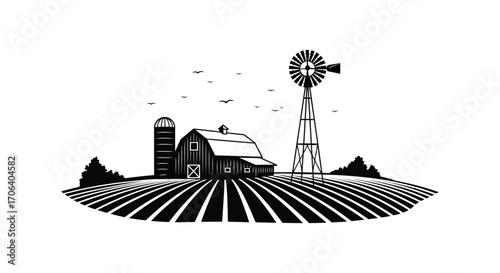 rural landscape with windmill barn fields and trees