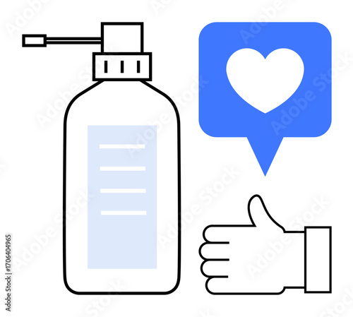 Hand sanitizer pump bottle next to a thumbs-up gesture and a blue speech bubble containing a heart symbol. Ideal for hygiene, health, safety, self-care, approval, positivity, simple landing page