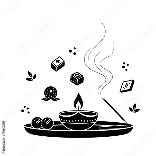 Vector art of diwali celebration with sweets, diya, and incense stick, a symbolic representation of the festival of lights