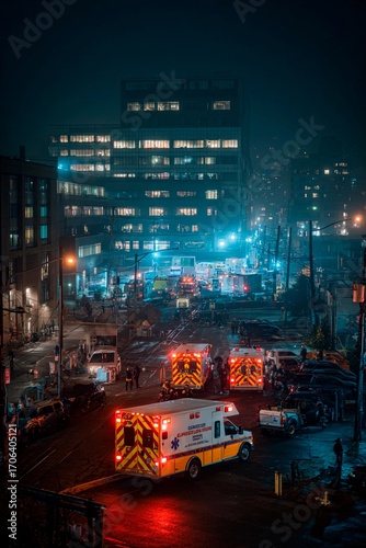 Emergency vehicles illuminate a city block at night. Paramedics assist in a serious situation while crowds gather, creating a scene filled with activity and urgency