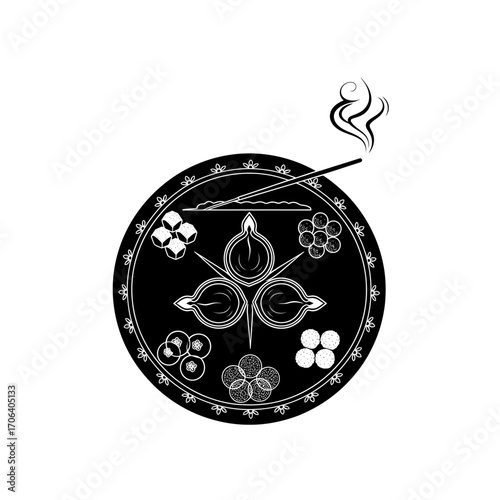 Vector art of elegant black and white vector illustration of a traditional hindu puja thali