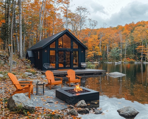 Autumn cabin on a tranquil lake
