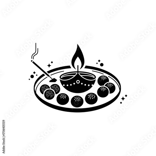 Vector art of minimalist black and white vector illustration of a diwali puja thali with diya and sweets
