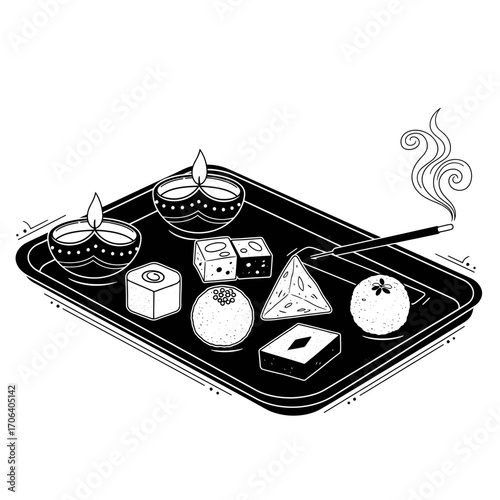Vector art of diwali sweets and diya on a tray, a festive arrangement of traditional treats and lights
