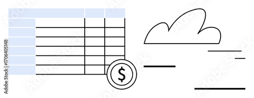 Spreadsheet with currency sign representing financial data and cloud icon for cloud-based storage. Ideal for finance, budgeting, cloud technology, remote access, data analysis, digital solutions