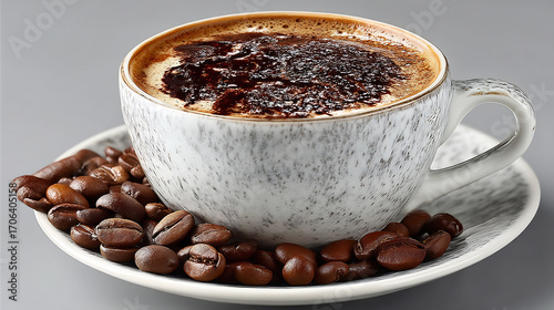 Exquisite white coffee cup fresh coffee beans aromatic cappuccino presentation product photography on white background for artistic creation or advertising purposes