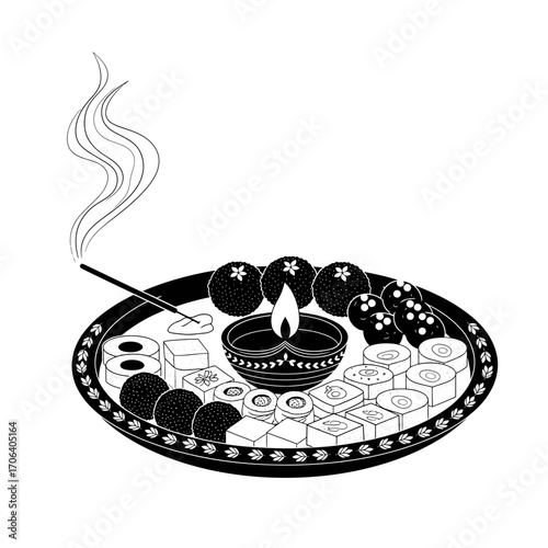 Vector art of elegant monochrome illustration of a puja thali, , featuring a diya, sweets, fruits, and incense stick for hindu rituals