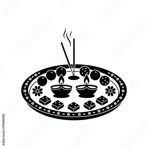 Illustration of a puja thali with diya, sweets, and incense sticks, , perfect for diwali or other hindu festivals