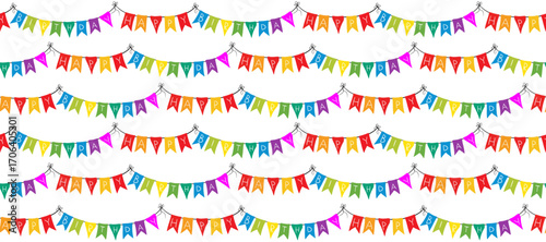 cute and joyful seamless pattern with happy birthday flags on a white background