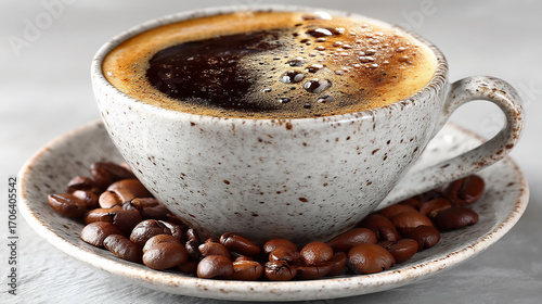 Exquisite white coffee cup fresh coffee beans aromatic cappuccino presentation product photography on white background for artistic creation or advertising purposes