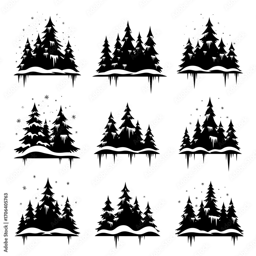 Obraz premium Vector art of winter forest silhouettes pine trees covered with snow and icicles for creating seasonal designs