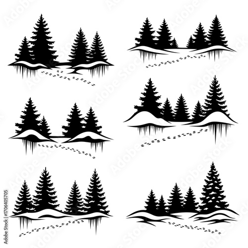 Vector art of silhouette vector set of winter forest with fir trees, snowdrifts, icicles and animal tracks christmas design