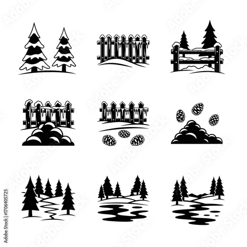 Vector art of set of winter landscape elements christmas trees, snowdrifts, fence, and pine cones in monochrome style