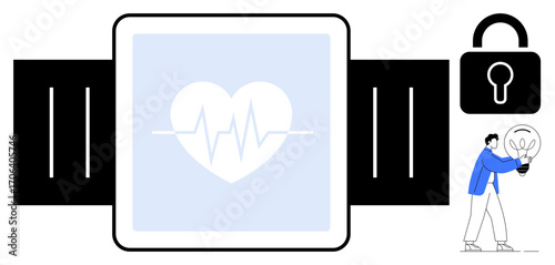 Heart monitor screen on a smartwatch with pulse icon, security padlock symbol, and figure holding lightbulb. Ideal for health tech, security, innovation, smart devices, data privacy, wellness