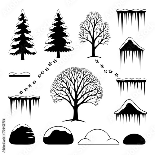 Vector art of winter season elements trees, icicles, snowdrifts, and animal tracks for creating seasonal designs