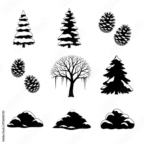Vector art of winter season nature elements trees, cones, and snowdrifts for creating seasonal designs