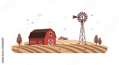 a quaint farm scene with red barn windmill and fields