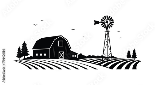 a rustic barn scene with windmill fields and flying birds