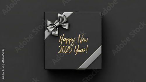 Black gift box with silver ribbon for happy new year 2025