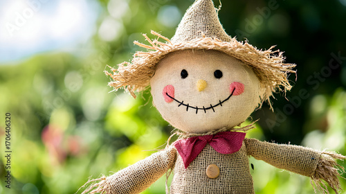 Charming scarecrow with stitched face and rosy cheeks in a garden setting