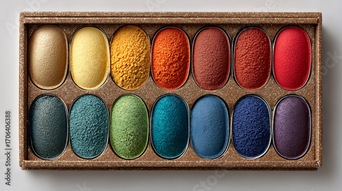 Eyeshadow palette arranged neatly white background professional cosmetic product mockup beauty and makeup photography highlighting color variety