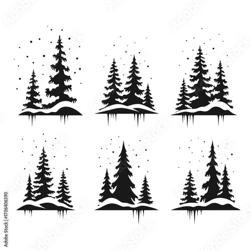 Vector art of collection of winter silhouettes featuring snowy fir trees and falling snowflakes for seasonal designs and decorations
