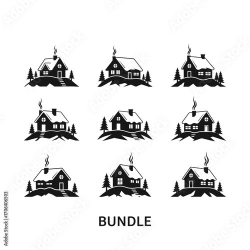 Vector art of bundle of cabin vector illustration, showcasing various cabin designs with smoke coming from the chimney and trees