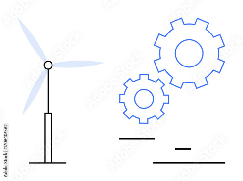 Wind turbine blades rotating alongside gear mechanism, symbolizing sustainable energy and mechanical innovation. Ideal for renewable energy, engineering, technology, sustainability, green energy