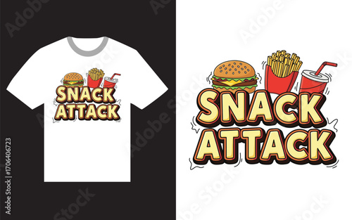 Snack Attack T Shirt Design with Burger Fries and Drink