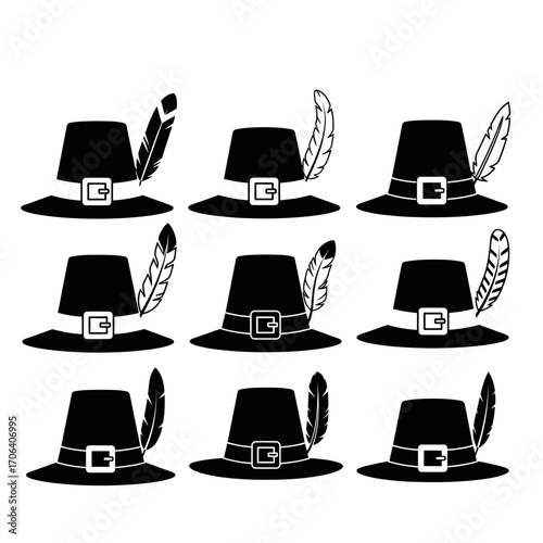 Vector art of elegant pilgrim hat collection with feather, perfect for adding a touch of sophistication to thanksgiving designs