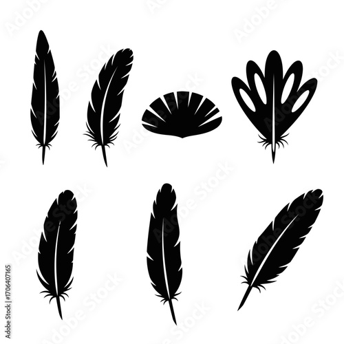 Vector art of set of black feather illustrations, perfect for native american and boho design, tattoo or print and decoration