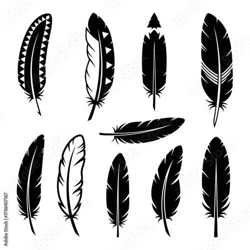 Vector art of collection of various black feather illustrations for native american and boho design, perfect for tattoo or print