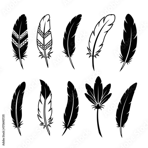 Vector art of collection of various feather silhouettes, showcasing diverse shapes and patterns for creative design elements