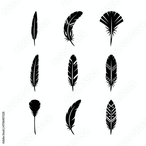 Vector art of collection of feather silhouettes, showcasing diverse shapes and patterns for creative design elements