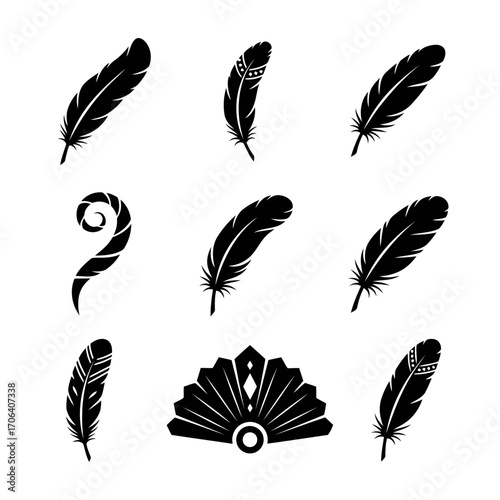 Vector art of collection of black feather silhouettes set of decorative feathers in different styles and shapes for design