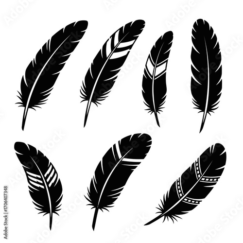 Vector art of collection of feather silhouettes, showcasing diverse shapes and patterns for creative design elements