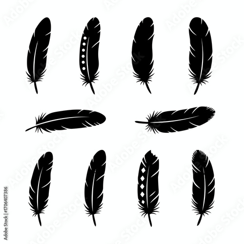 Vector art of collection of black feather silhouettes set of decorative feathers in different styles and shapes for design