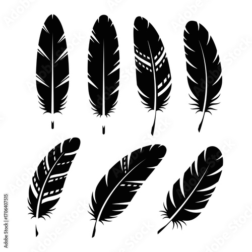 Vector art of a set of seven black and white feathers with different designs each feather has a unique pattern and shape