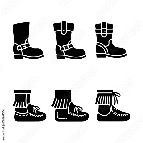 Vector art of collection of various boot silhouettes, showcasing diverse styles from moccasins to riding boots in vector format