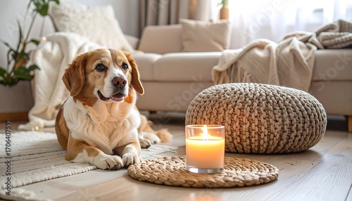 A cozy living room scene featuring a dog relaxing near a lit candle. Soft textures, warm lighting, and a comfortable ambiance create a sense of peace and homey relaxation